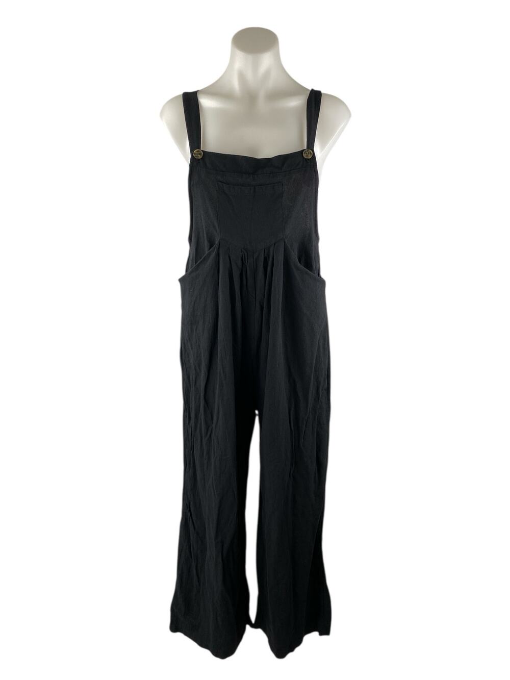 Evellyhootd Womens Black Sleeveless Pocket Wide Leg Overall Romper Jumpsuit Sz L